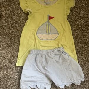 Yellow Sailboat applique  top  with Blue Shorts